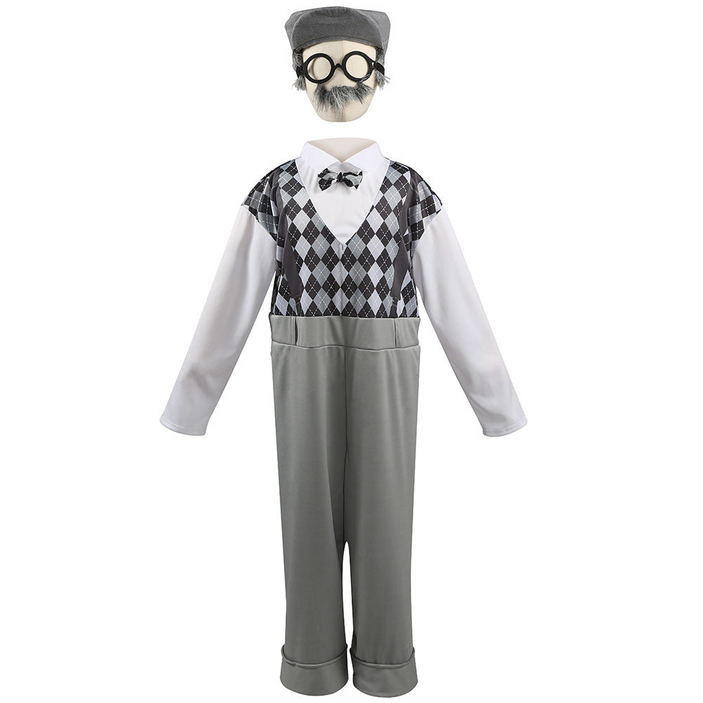 Kids old man Halloween costume with argyle-print jumpsuit, bow tie, gray flat cap, round glasses and mustache - view 4