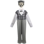 Kids old man Halloween costume with argyle-print jumpsuit, bow tie, gray flat cap, round glasses and mustache - view 4