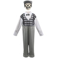 Kids old man Halloween costume with argyle-print jumpsuit, bow tie, gray flat cap, round glasses and mustache - view 7
