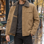 Men's button up jacket with sherpa collar and canvas-look shell