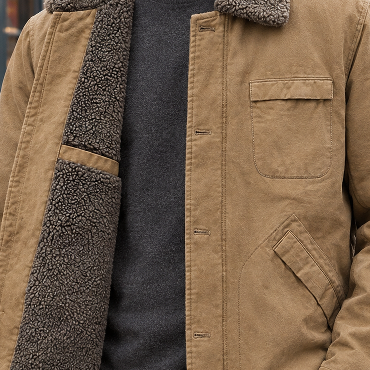 Men's button up jacket with sherpa collar and canvas-look shell - view 2