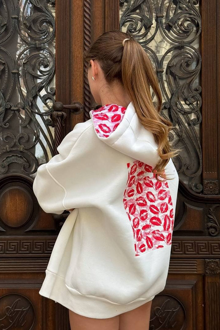 Zip-up graphic hoodie with lip print hood lining and kiss print panel on the back