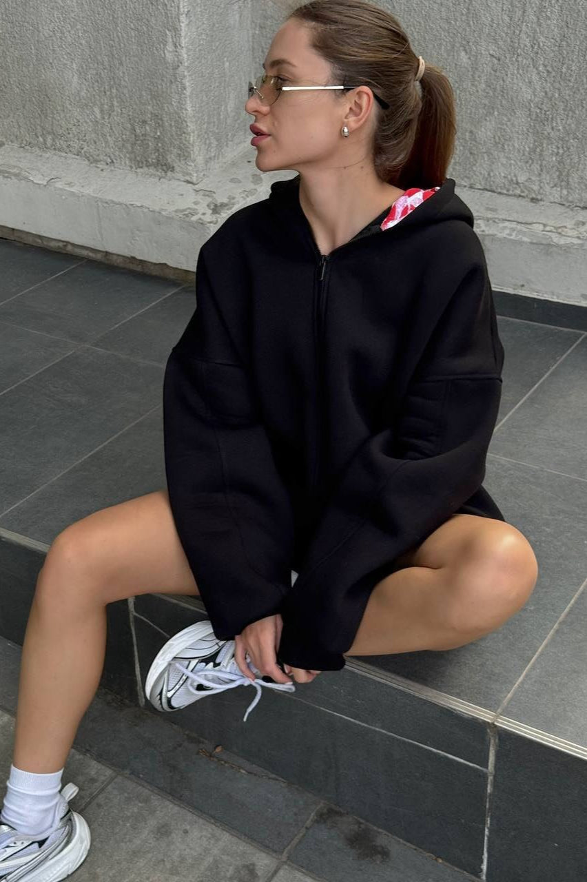 Zip-up graphic hoodie with lip print hood lining and kiss print panel on the back - view 9
