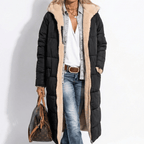 Women's long hooded quilted puffer coat with plush beige lining and front zip