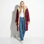 Women's long hooded quilted puffer coat with plush beige lining and front zip - view 10