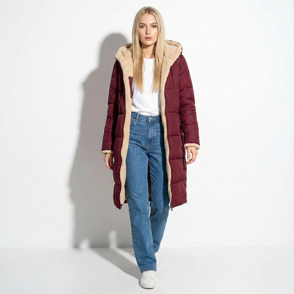 Women's long hooded quilted puffer coat with plush beige lining and front zip - view 10
