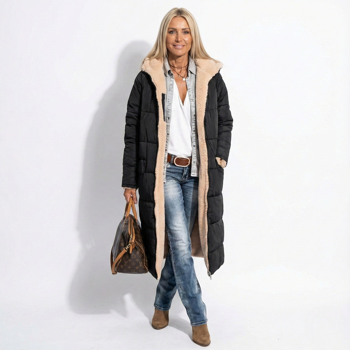 Women's long hooded quilted puffer coat with plush beige lining and front zip - view 2