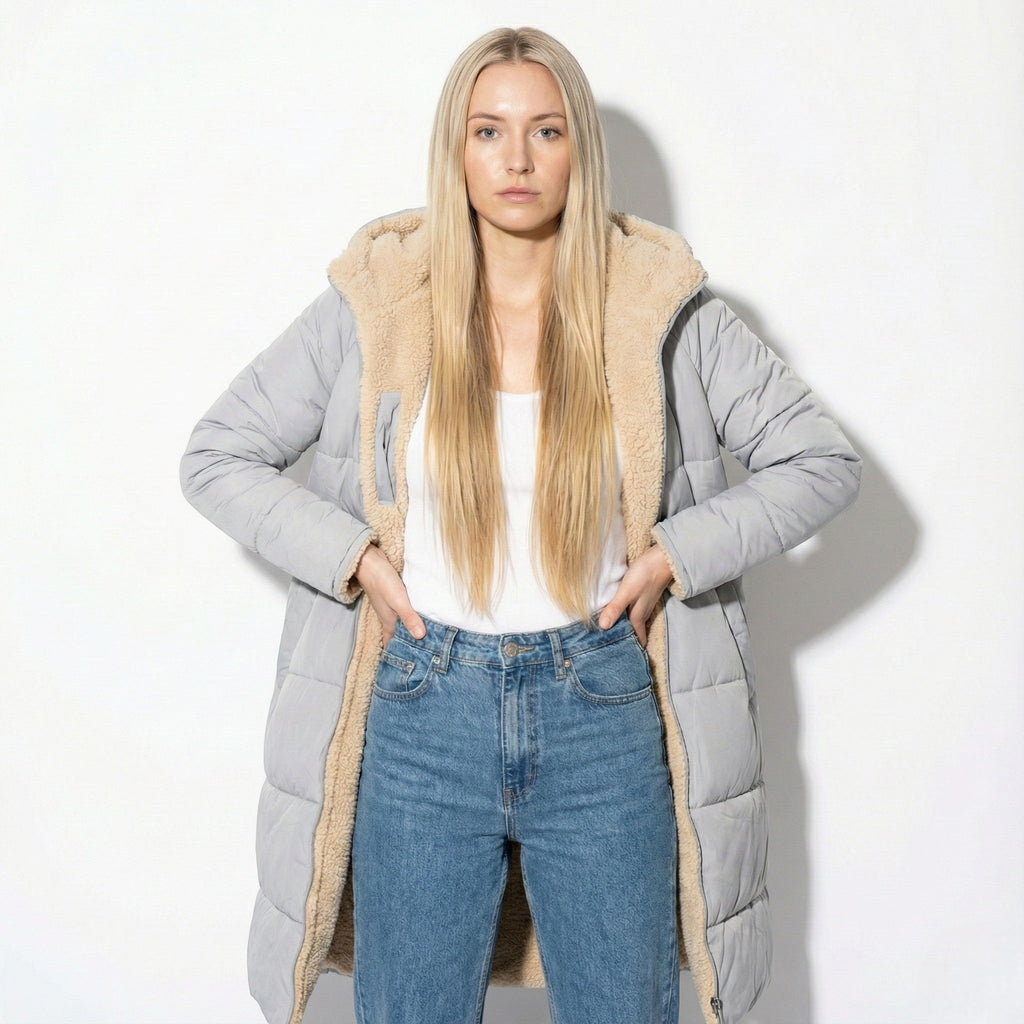 Women's long hooded quilted puffer coat with plush beige lining and front zip - view 4