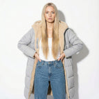 Women's long hooded quilted puffer coat with plush beige lining and front zip - view 4
