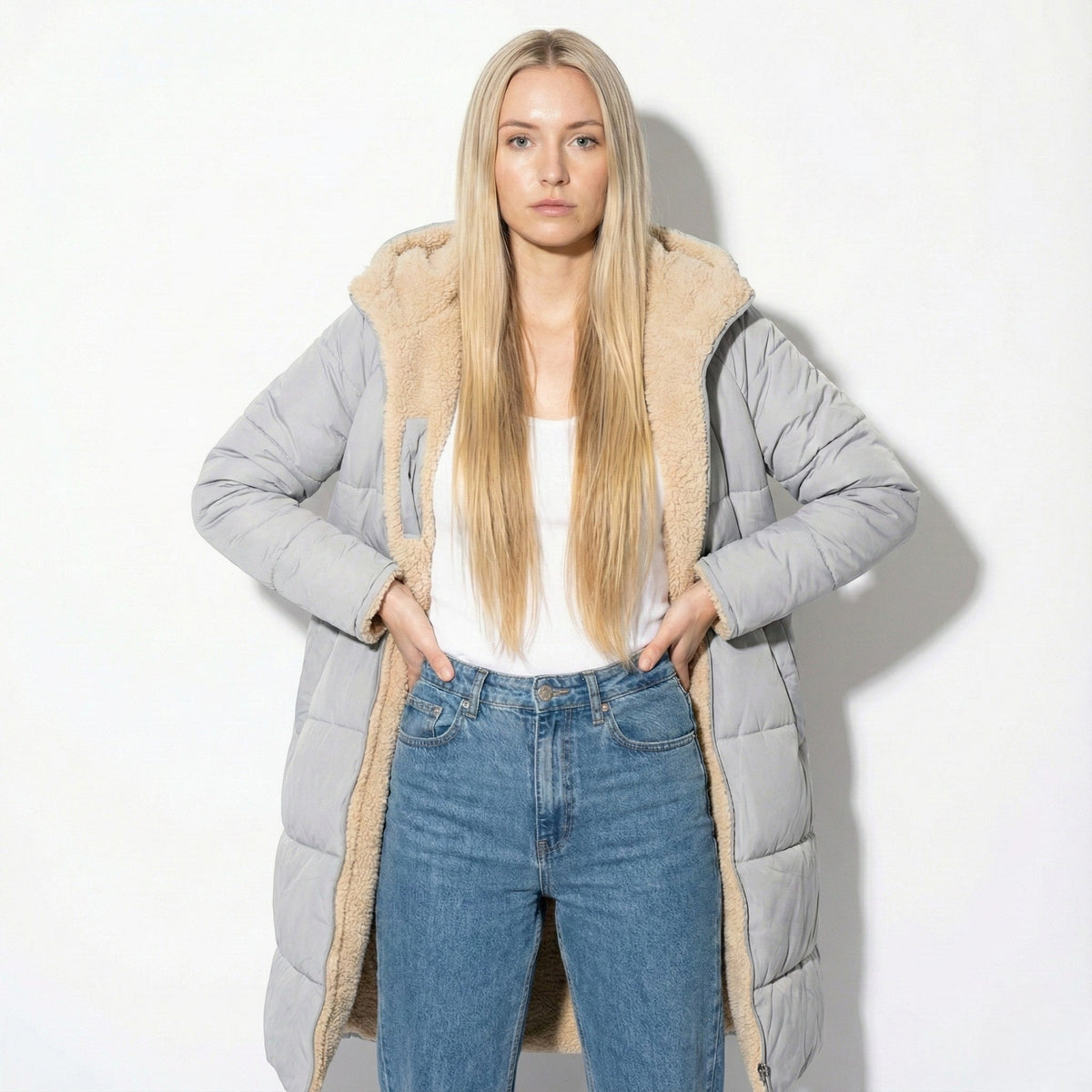 Women's long hooded quilted puffer coat with plush beige lining and front zip - view 4