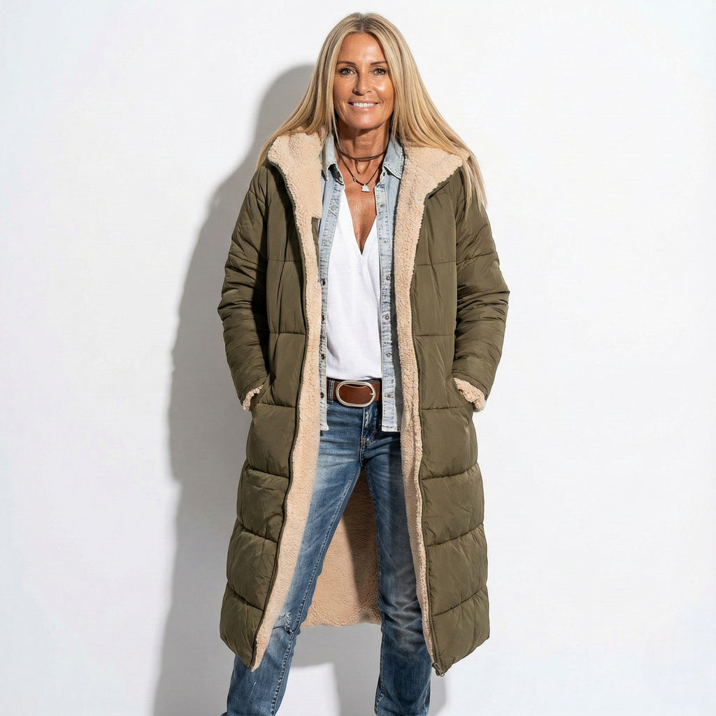 Women's long hooded quilted puffer coat with plush beige lining and front zip - view 8