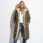 Women's long hooded quilted puffer coat with plush beige lining and front zip - view 8