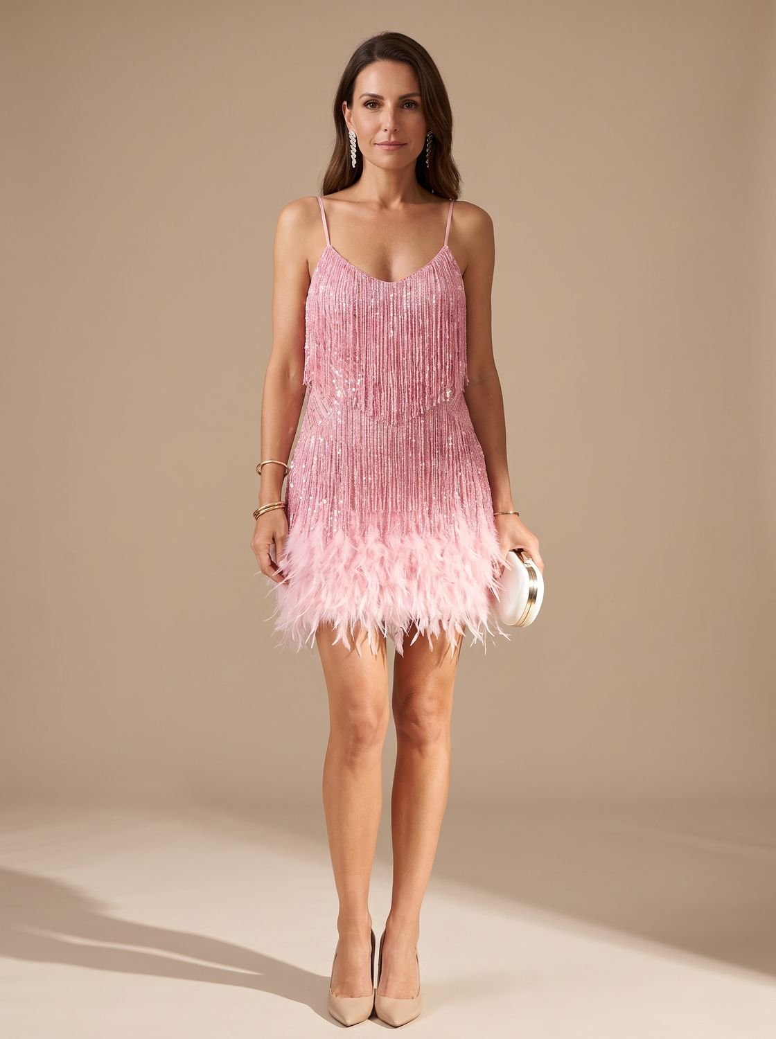 Sequin fringe mini dress with spaghetti straps and feather trim hem