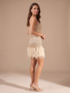 Sequin fringe mini dress with spaghetti straps and feather trim hem - view 10