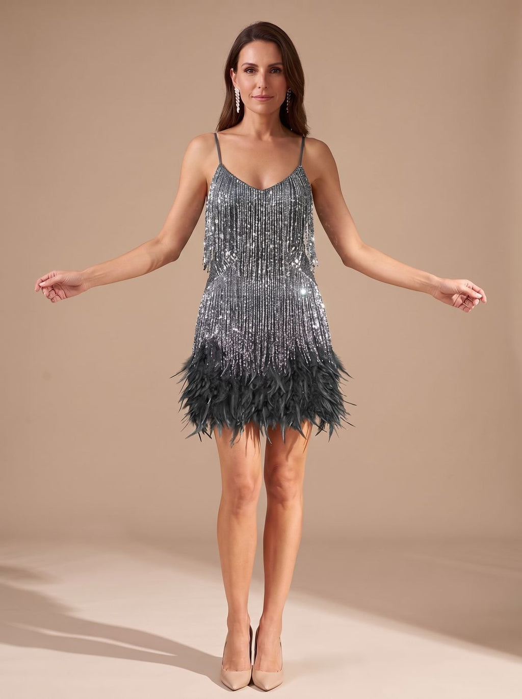 Sequin fringe mini dress with spaghetti straps and feather trim hem - view 11