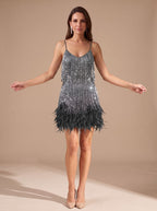 Sequin fringe mini dress with spaghetti straps and feather trim hem - view 11