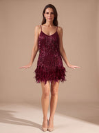 Sequin fringe mini dress with spaghetti straps and feather trim hem - view 4