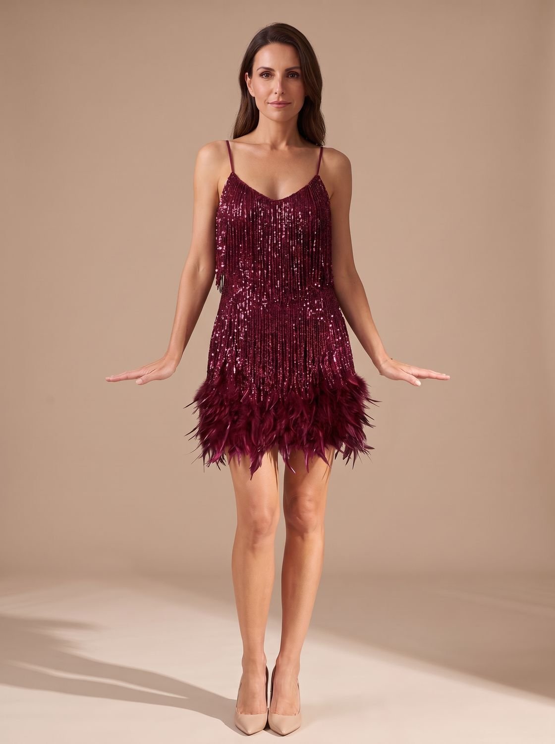 Sequin fringe mini dress with spaghetti straps and feather trim hem - view 4