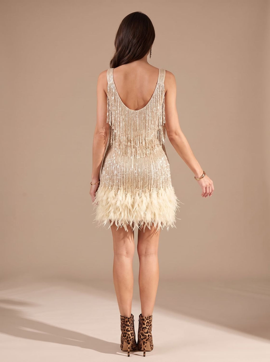 Sequin fringe mini dress with spaghetti straps and feather trim hem - view 8