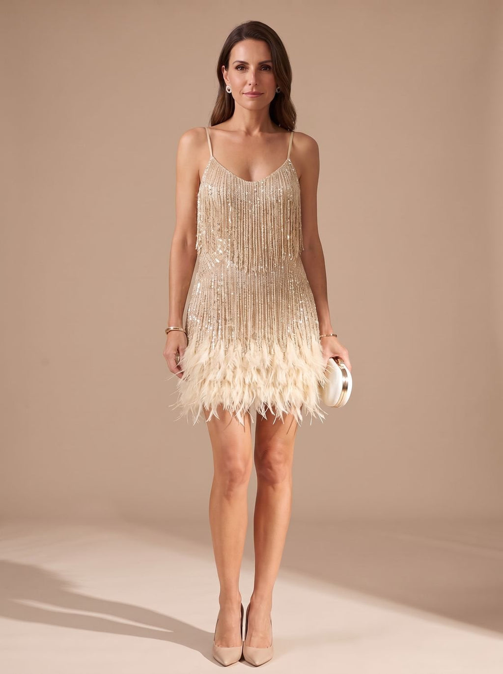 Sequin fringe mini dress with spaghetti straps and feather trim hem - view 9
