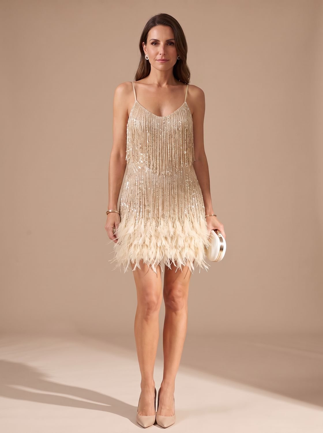Sequin fringe mini dress with spaghetti straps and feather trim hem - view 9