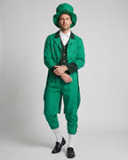 Men's green leprechaun Halloween costume with tailcoat, vest, breeches and buckle top hat
