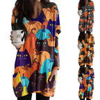 Oversized long sleeve tunic dress with cat and pumpkin Halloween print
