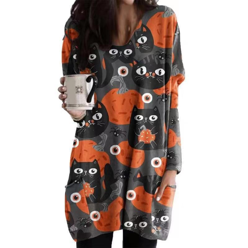 Oversized long sleeve tunic dress with cat and pumpkin Halloween print - view 2