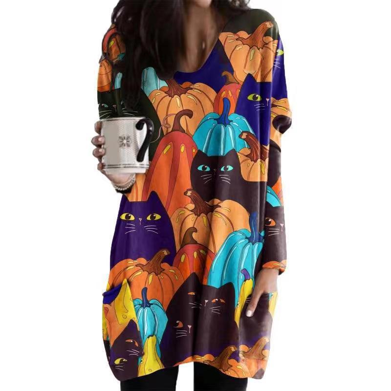 Oversized long sleeve tunic dress with cat and pumpkin Halloween print - view 3