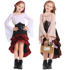 Girls pirate costume with bell-sleeve blouse, lace-up corset-style belt and ruffled high-low skirt