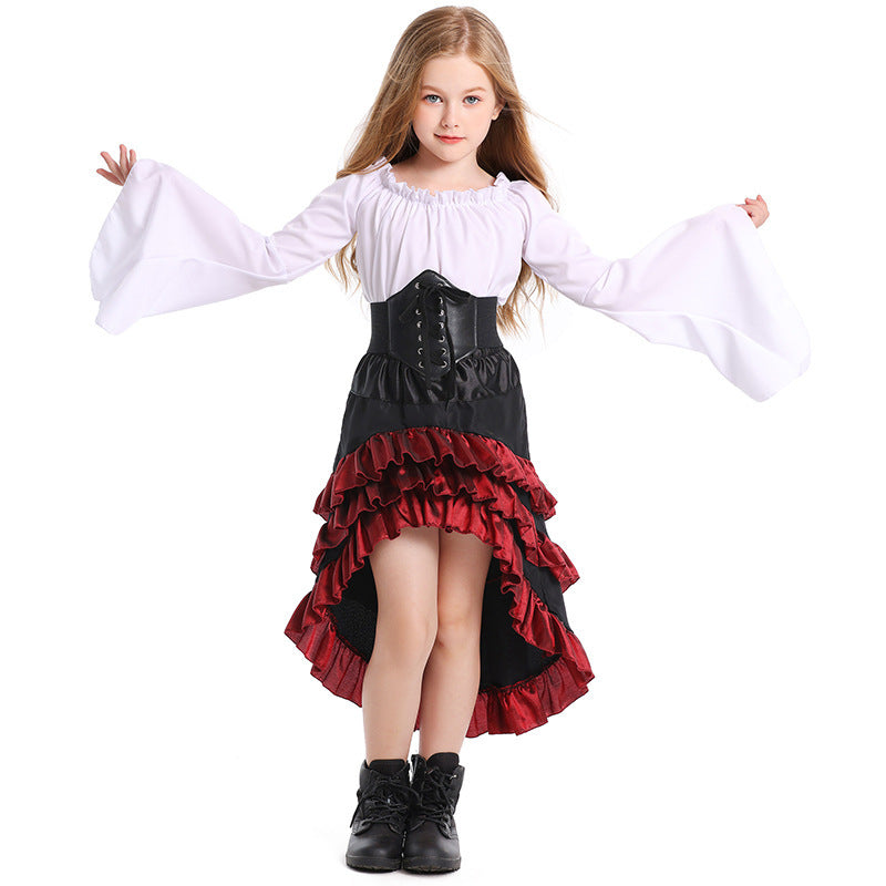 Girls pirate costume with bell-sleeve blouse, lace-up corset-style belt and ruffled high-low skirt - view 2
