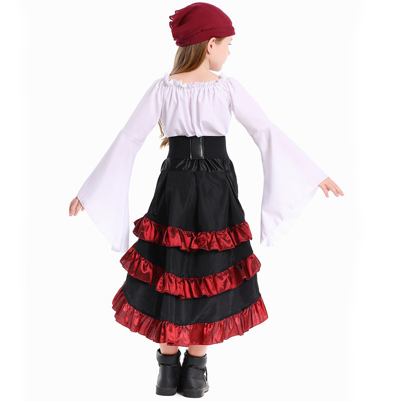 Girls pirate costume with bell-sleeve blouse, lace-up corset-style belt and ruffled high-low skirt - view 4