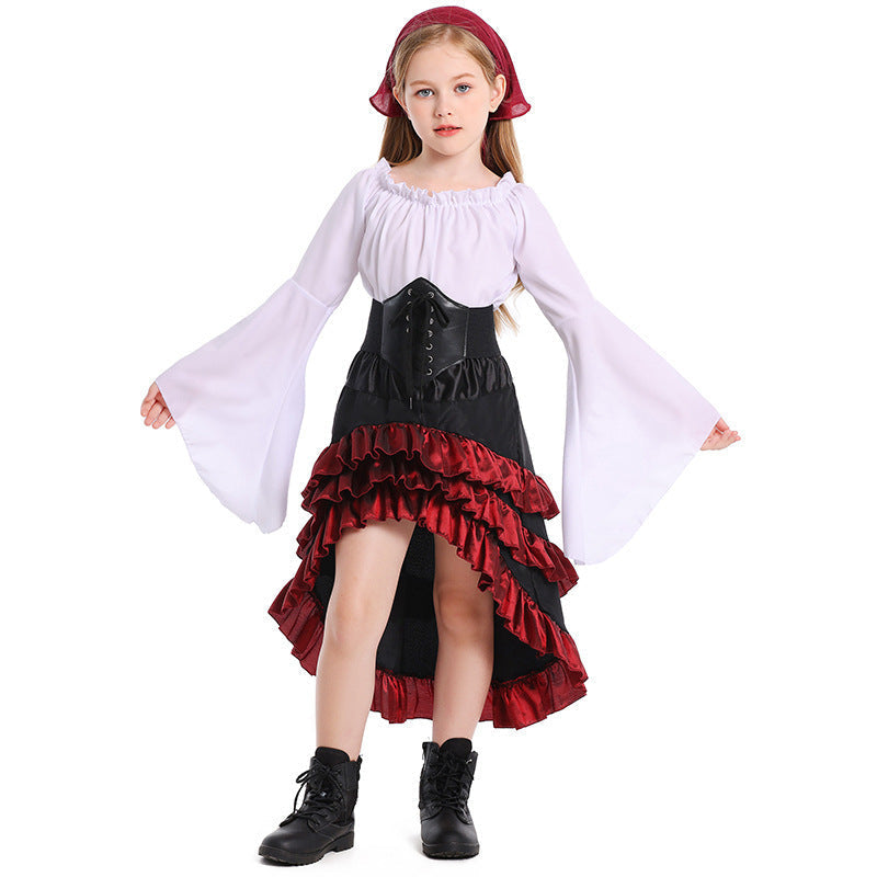Girls pirate costume with bell-sleeve blouse, lace-up corset-style belt and ruffled high-low skirt - view 5
