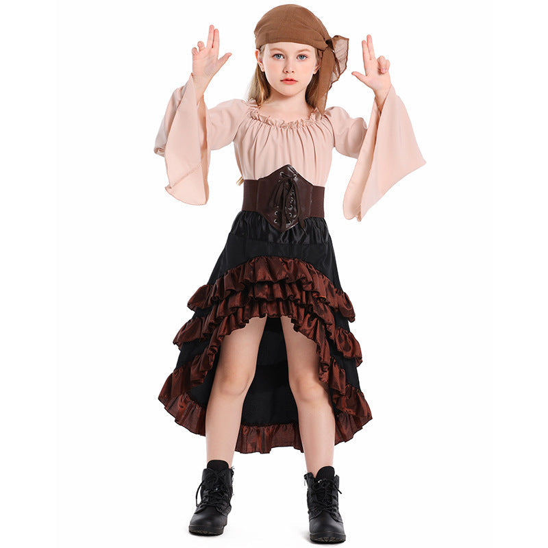 Girls pirate costume with bell-sleeve blouse, lace-up corset-style belt and ruffled high-low skirt - view 6