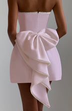 Strapless mini dress with pearl-trim neckline and oversized cascading back bow - view 2