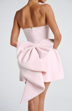Strapless mini dress with pearl-trim neckline and oversized cascading back bow - view 4