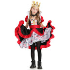 Girls Queen of Hearts Halloween costume dress in black and red with ruffle trim, stand-up collar and playing card print underskirt