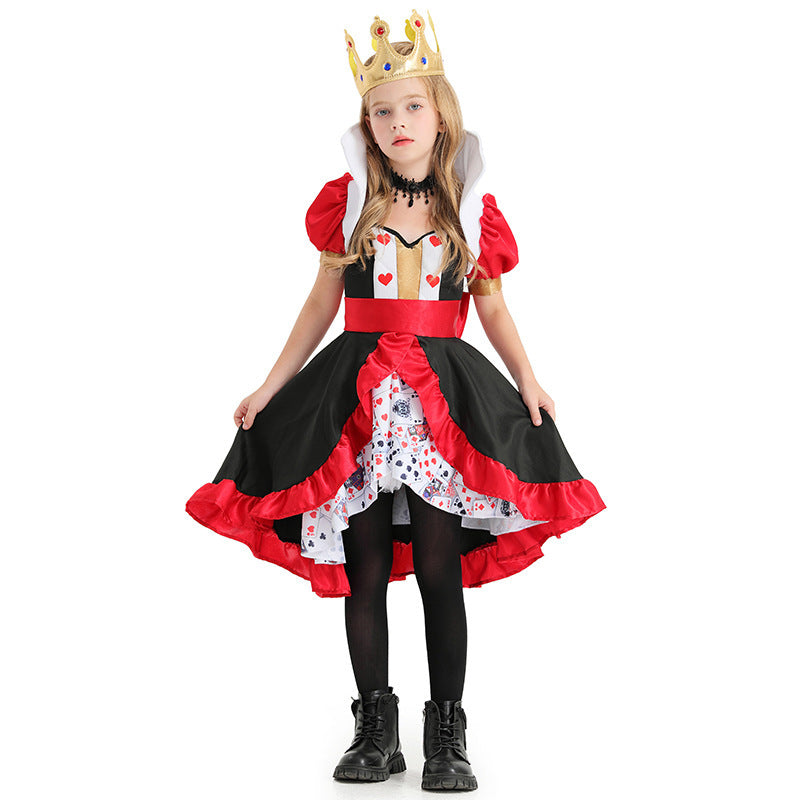Girls Queen of Hearts Halloween costume dress in black and red with ruffle trim, stand-up collar and playing card print underskirt - view 2
