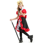 Girls Queen of Hearts Halloween costume dress in black and red with ruffle trim, stand-up collar and playing card print underskirt - view 3