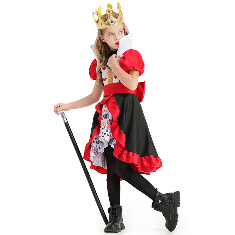 Girls Queen of Hearts Halloween costume dress in black and red with ruffle trim, stand-up collar and playing card print underskirt - view 3
