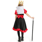 Girls Queen of Hearts Halloween costume dress in black and red with ruffle trim, stand-up collar and playing card print underskirt - view 4