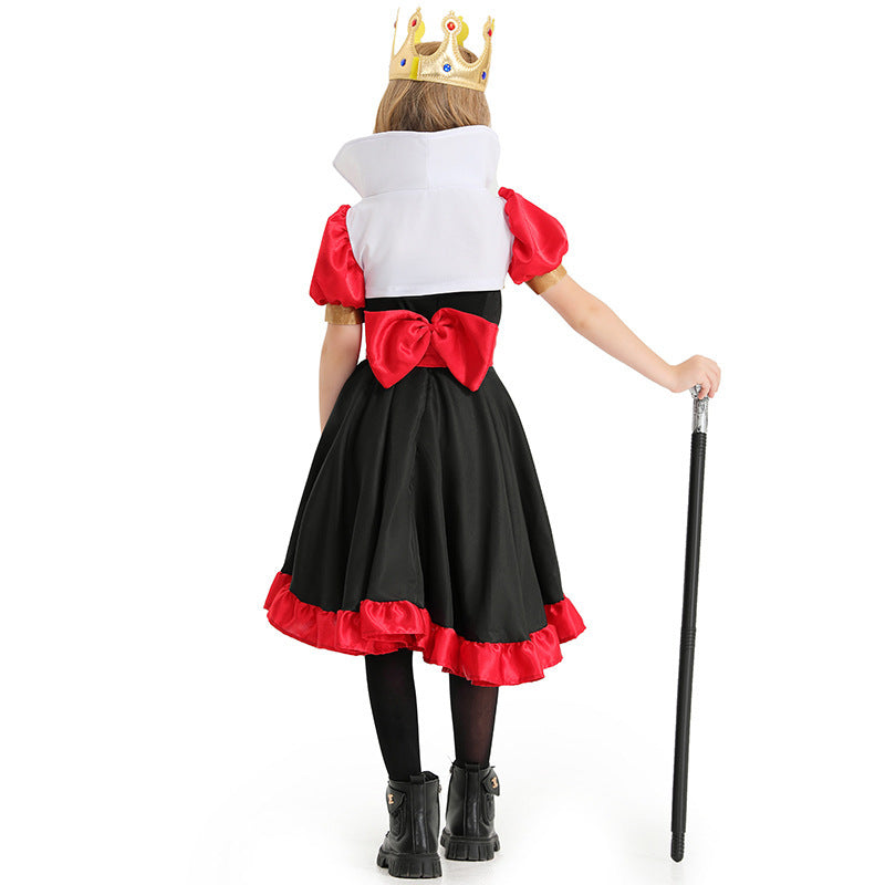 Girls Queen of Hearts Halloween costume dress in black and red with ruffle trim, stand-up collar and playing card print underskirt - view 4