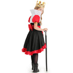 Girls Queen of Hearts Halloween costume dress in black and red with ruffle trim, stand-up collar and playing card print underskirt - view 5