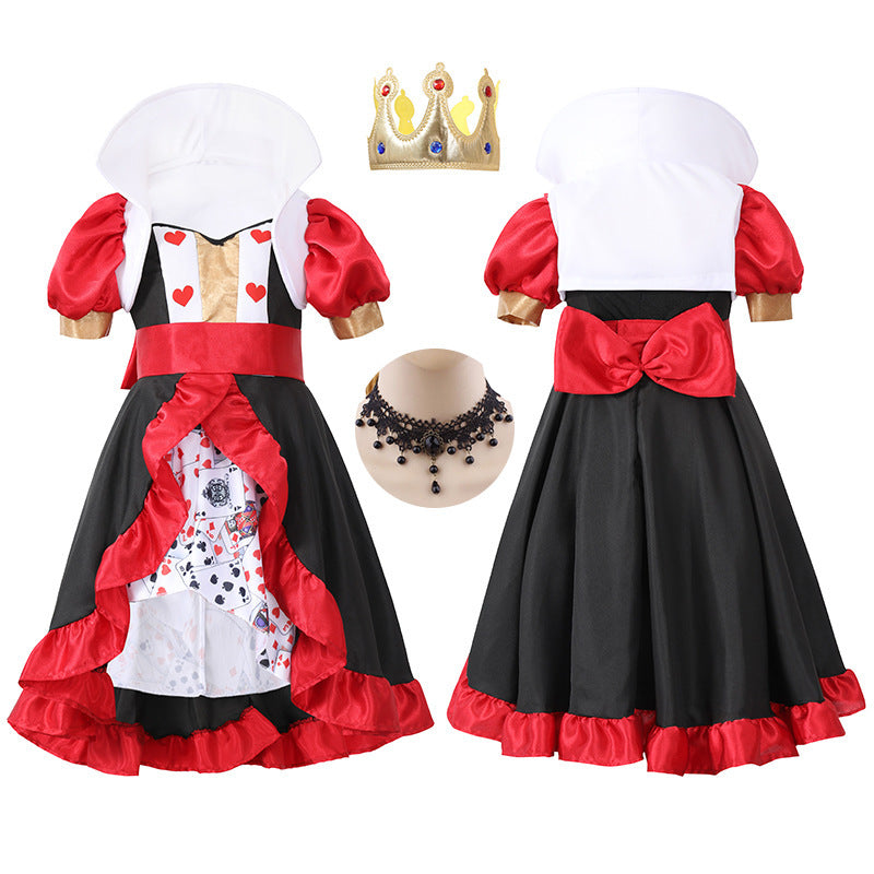 Girls Queen of Hearts Halloween costume dress in black and red with ruffle trim, stand-up collar and playing card print underskirt - view 6