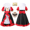 Girls Queen of Hearts Halloween costume dress in black and red with ruffle trim, stand-up collar and playing card print underskirt - view 6