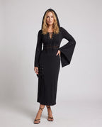Black hooded midi dress with bell sleeves and lace-up details