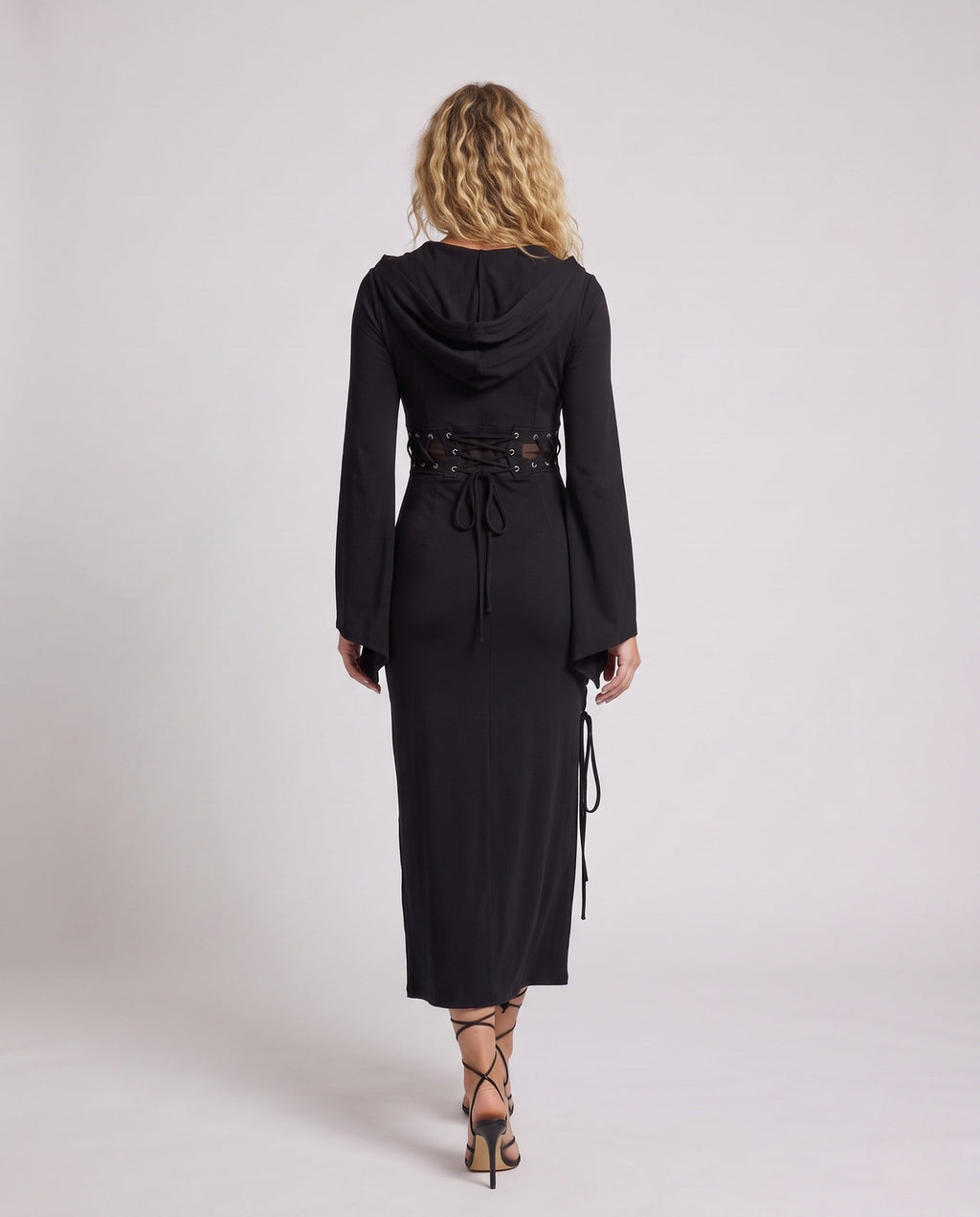Black hooded midi dress with bell sleeves and lace-up details - view 4