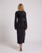 Black hooded midi dress with bell sleeves and lace-up details - view 4