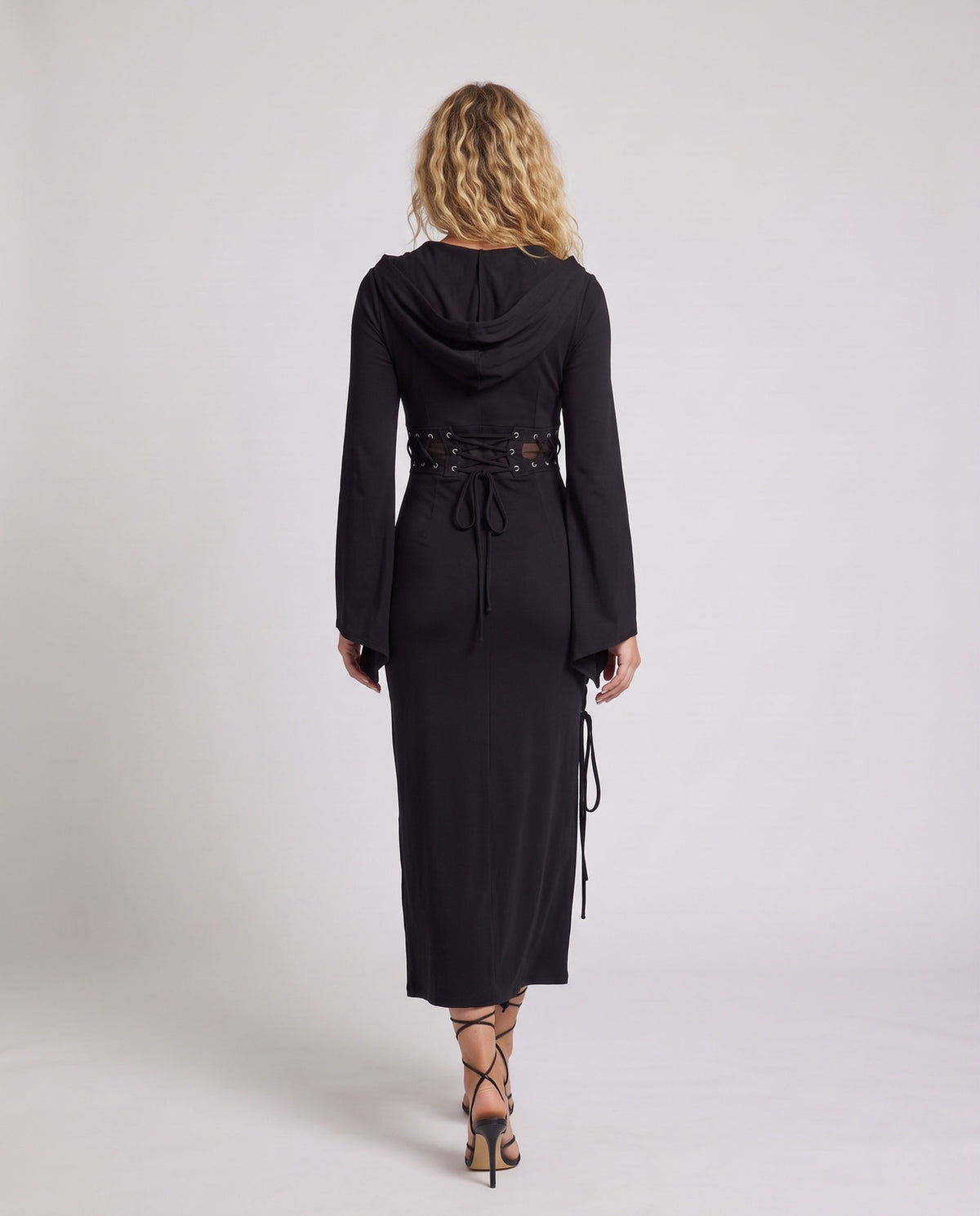 Black hooded midi dress with bell sleeves and lace-up details - view 4