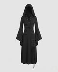Black hooded midi dress with bell sleeves and lace-up details - view 5